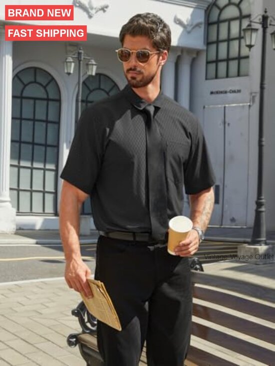 Men's Short Sleeve Button Down Shirt Stretch Business Casual Diamond Print - Picture 4 of 6